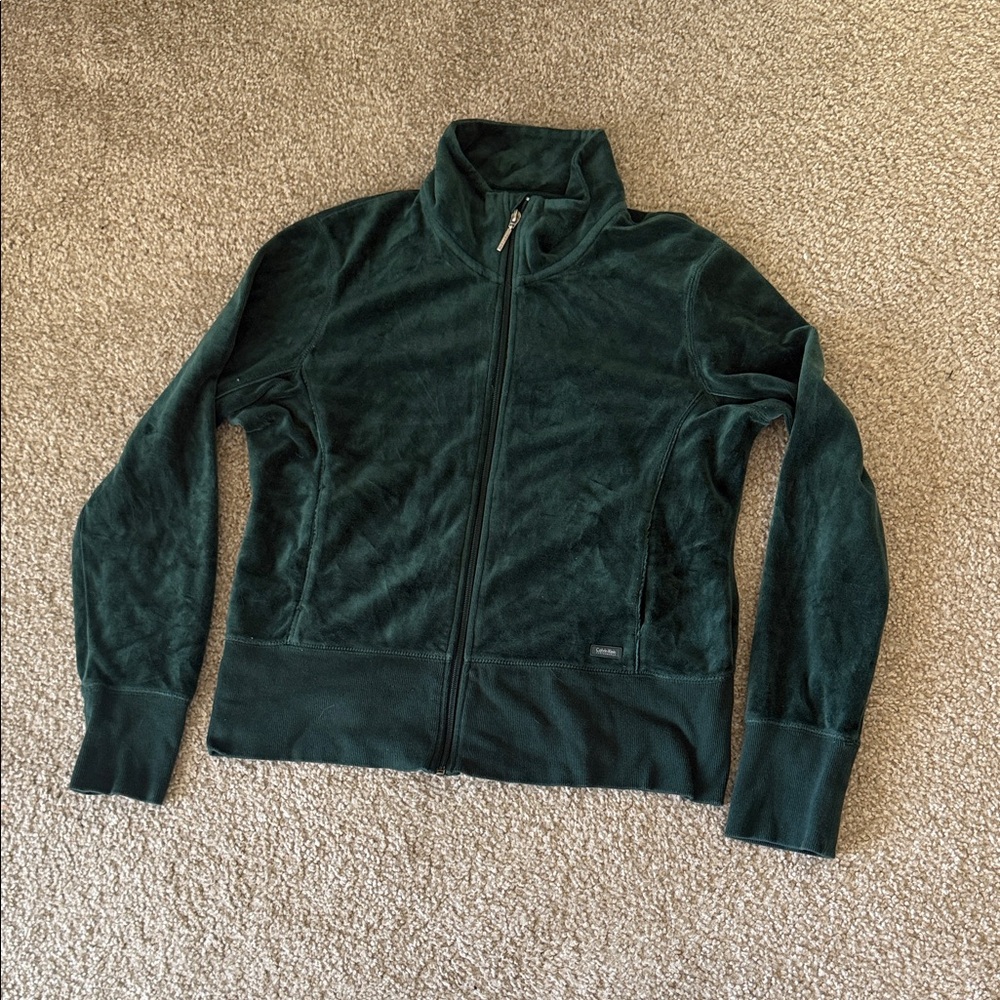 Calvin Klein Green Velour Performance Jacket Size Large w/ Sleeve Key Pocket